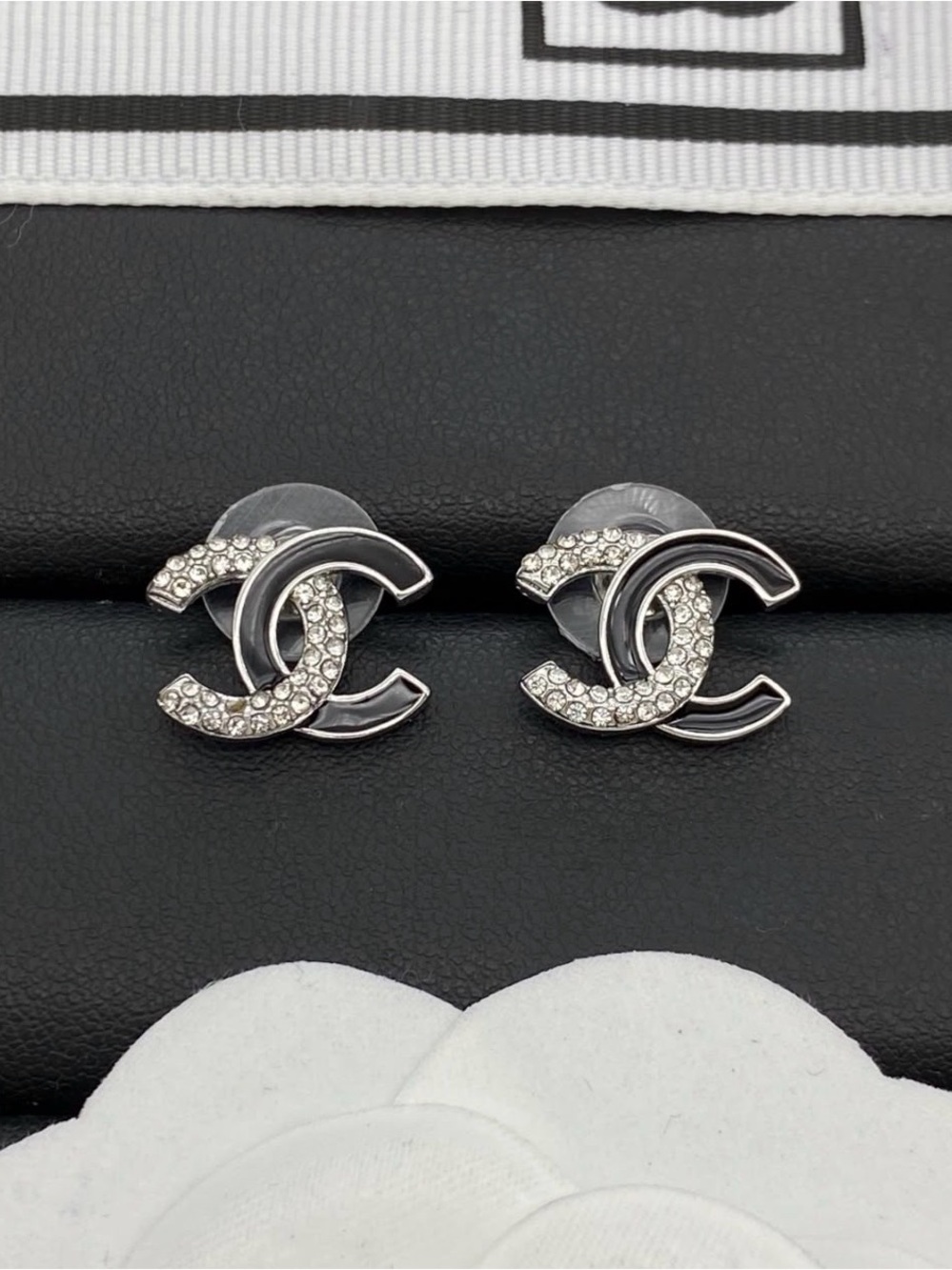 Designer Inspired Silver-Black CCC Crystal Logo Stud Earrings